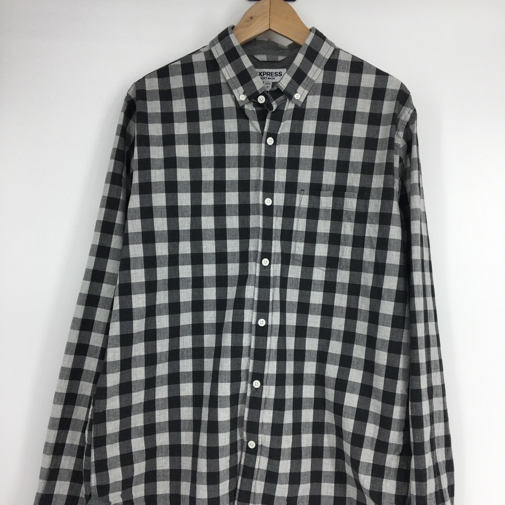 Express Men Black Checked Plaid Button Up Shirt - image 8